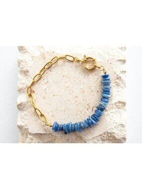 Bracelet Blue Kyanite Gemstone Stacking Bracelet Chunky Gold Paperclip Chain